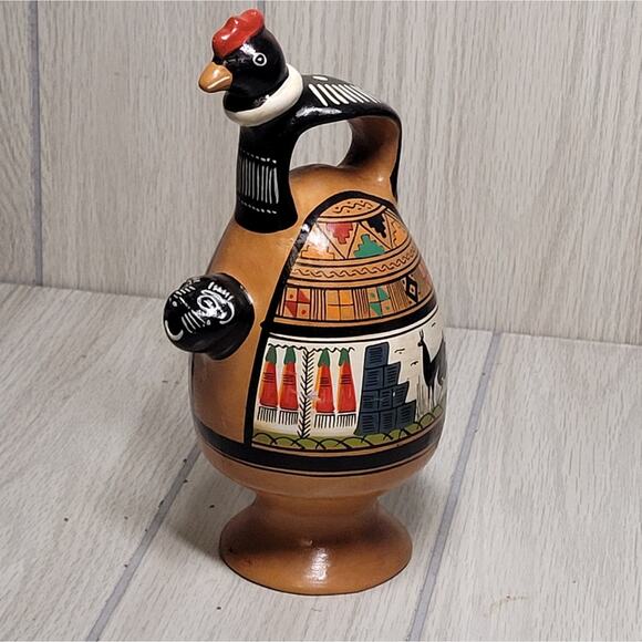 Vintage Cusco Peru Art Pottery Chicha Jaguar Rooster Jug Pitchers Hand Painted - Picture 1 of 10